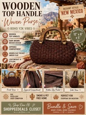 Wooden Top Handle Dark Brown Woven Purse